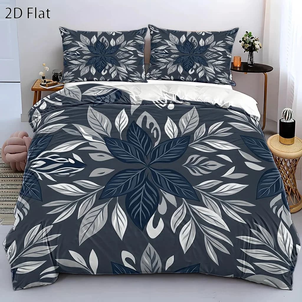 3Pc Simple Blue-Gray Plant Leaf Pattern Duvet Cover Set, Three-Piece Bed Set (1*Duvet Cover + 2*Pillowcases), Suitable for All Seasons, Machine Washable, Invisible Zipper Double Bed Cover, Suitable for Home, Dormitory, Master Bedroom, Guest Room, Large Bed Set, Fresh Natural Print Bedding, Comfortable, Skin-Friendly, Breathable Bedding Set, Nordic Style Minimalist Bedding, Fashionable Floral Pattern Duvet Cover, Hot-Selling Three-Piece Bedding Set, High-Quality Bedding Set, Easy to Care for