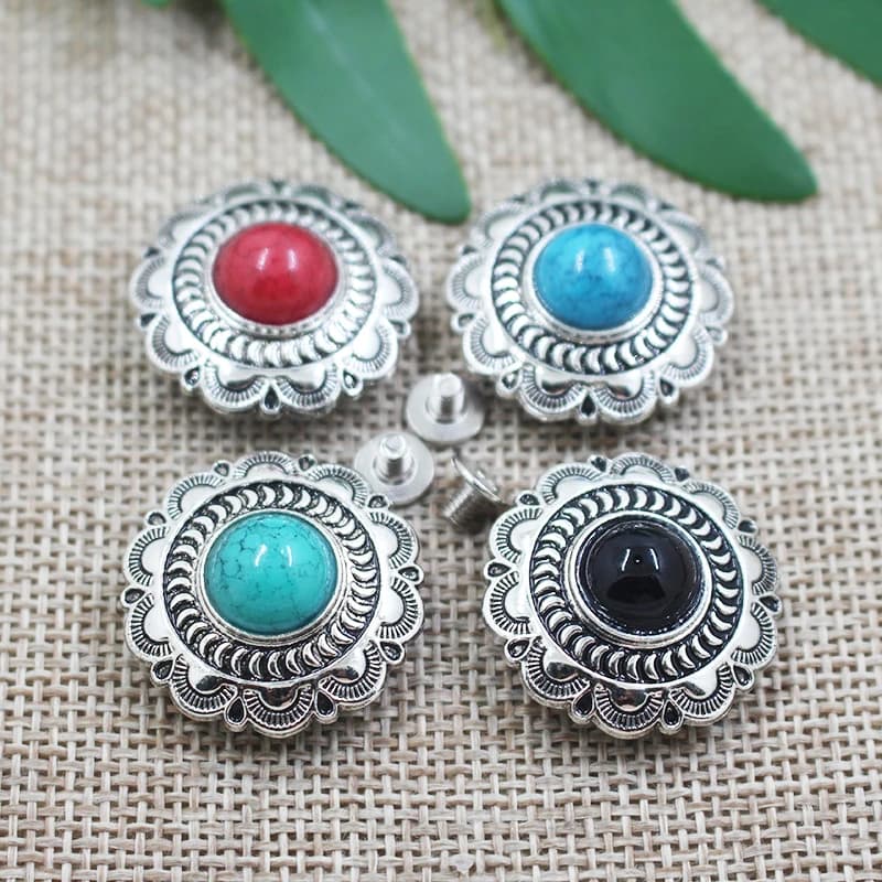 5 Set 24mm Conchos fai da te artigianato in pelle decorare bottone pietra turchese Vintage argento bordo floreale portafoglio decorazione viti rivetti