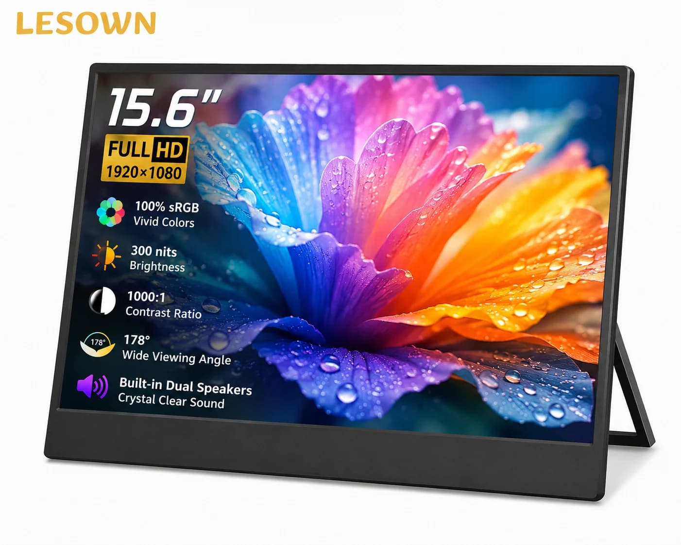 LESOWN 15.6" 2K FHD Portable Monitor Plug&Play Driverless Slim Extended Screen Built-in Stand Universal Connectivity for MacBook