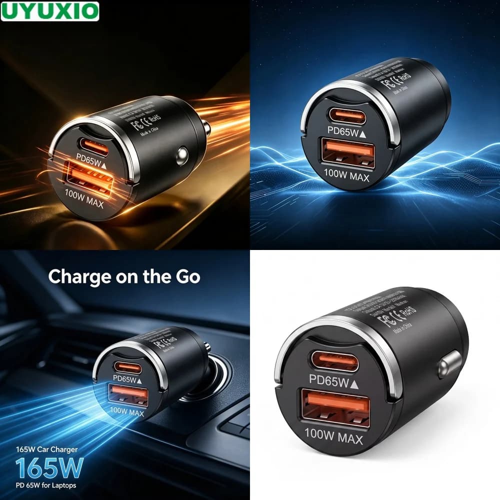 165W Vehicle Fast Car Charger with 65W USB C and 100W USB A Outputs for Mobile Devices and Laptops Low Profile Metal Flush Mount