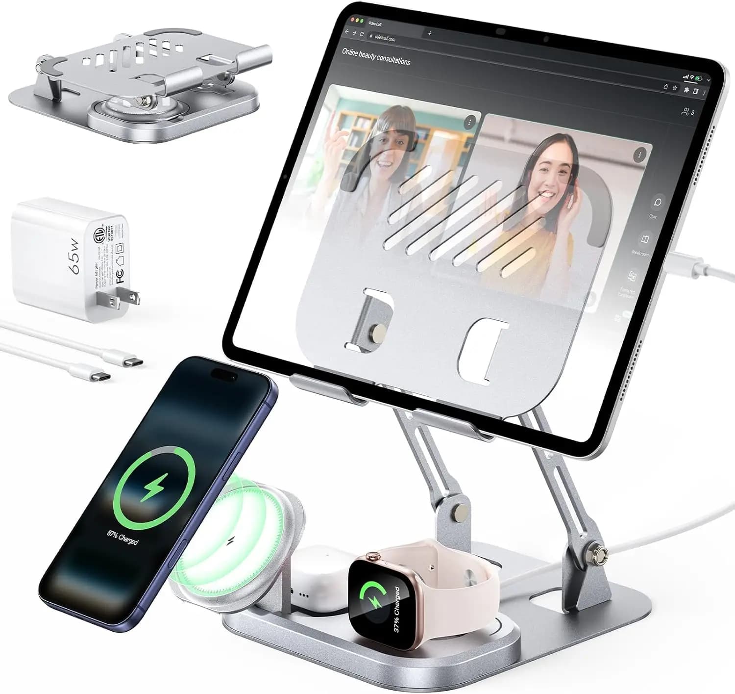 65W 5-in-1 Charging Station for Apple Devices, 30W Fast Wired Charging for iPad, Foldable Wireless Charger for iPhone 17/16, iWatch, AirPods