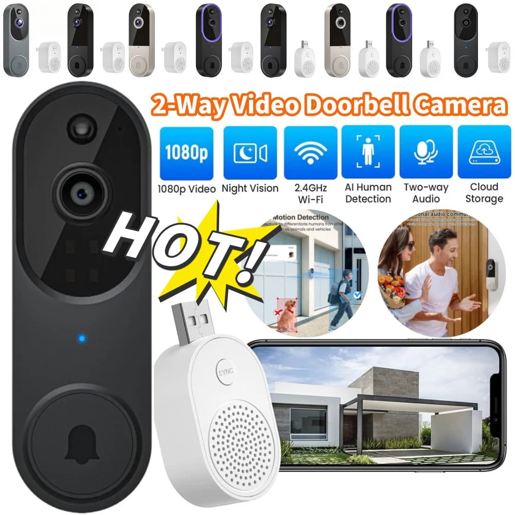 Videocitofono wireless 1080P Telecamera WiFi Campanello per porta intelligente Sicurezza domestica intelligente Rilevazione movimento Campanello citofono per visione notturna