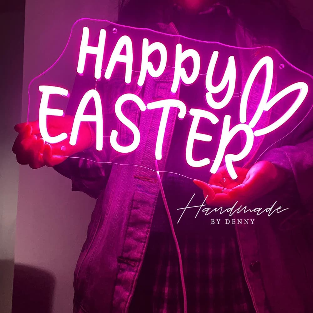 Insegna al Neon LED 'Happy Easter' con Coniglietto, Decorazione per Bar, Casa, Cameretta, Illuminazione per Finestre, Regalo di Pasqua per Bambini