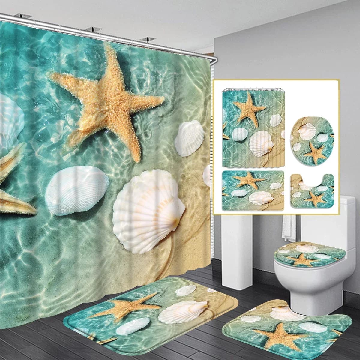 4-piece bath set with sea star and shell, including shower curtain + non-slip mat + coverwater, ocean summer atmosphere