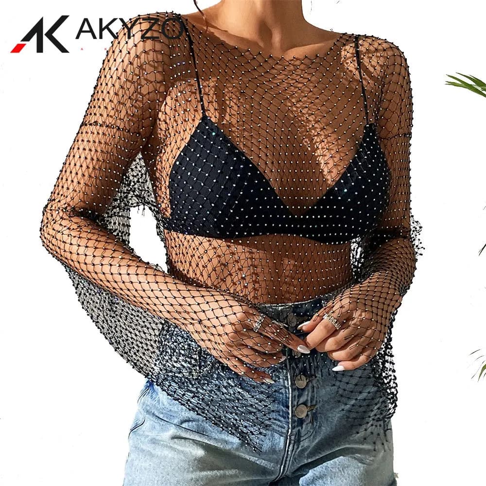 Y2K Mesh See Through T Shirt Shiny Rhinestone Fishnet Hollow Out Women Sexy Crop Top Long Sleeve Camis Cover Up Party Tank Tops
