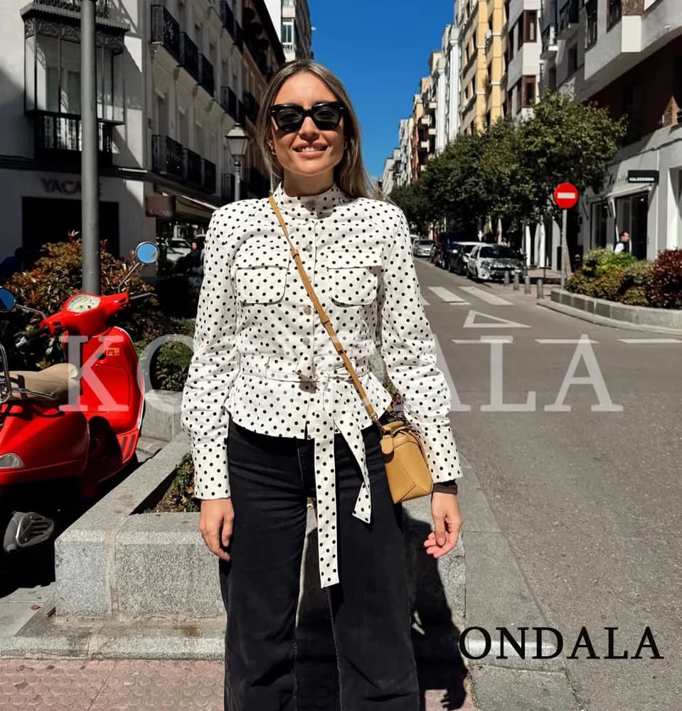 Women's KONDALA polka dot shirt with belt, Trends Spring Summer 2026, Women's slim casual shirt with buttons for commuting
