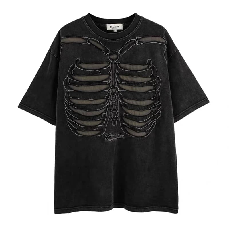ARENS Skeleton Ripped Punk T Shirts Men Harajuku Streetwear Hip Hop T-shirts 2026 Summer Cotton Loose Y2K Tee Shirt Tops Black