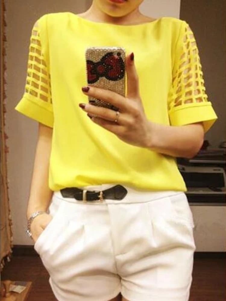 Summer Blouse Sexy Women Ladies Hollow Sleeve Slash Neck Loose Solid Shirts Casual Tops