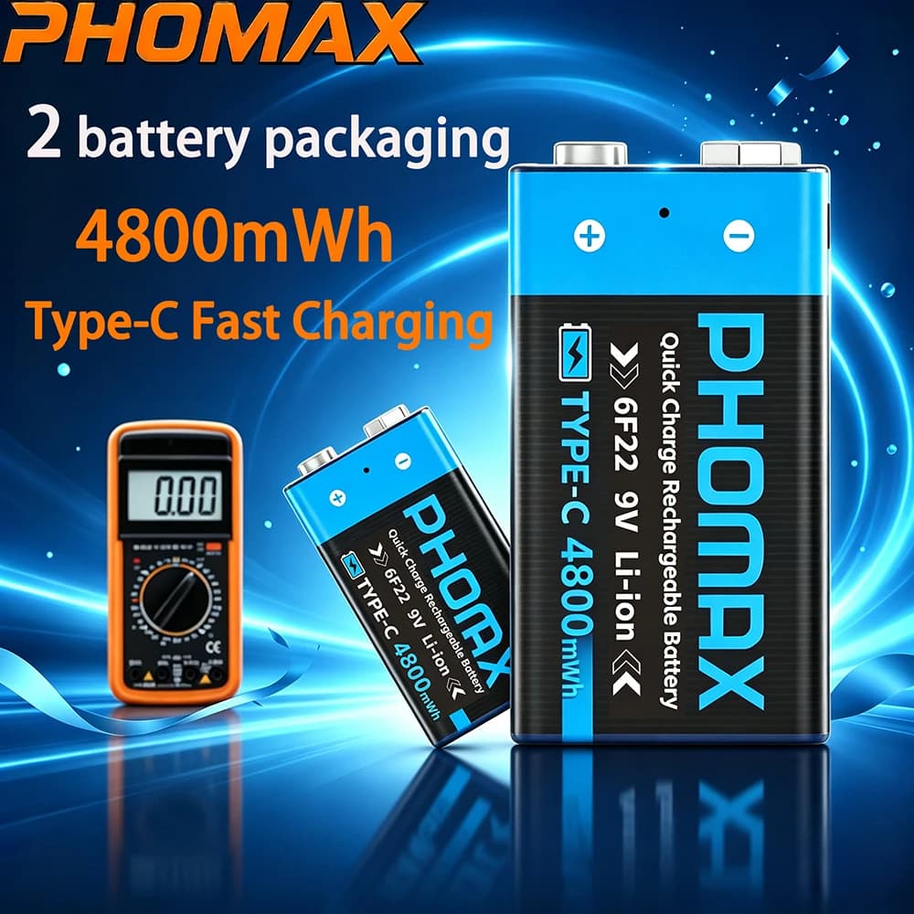 PHOMAX 9V 2-Pack Rechargeable Lithium Battery 4800mWh Type-C Fast Charging 6F22 9V Li-ion Battery for Multimeter Smoke Detector