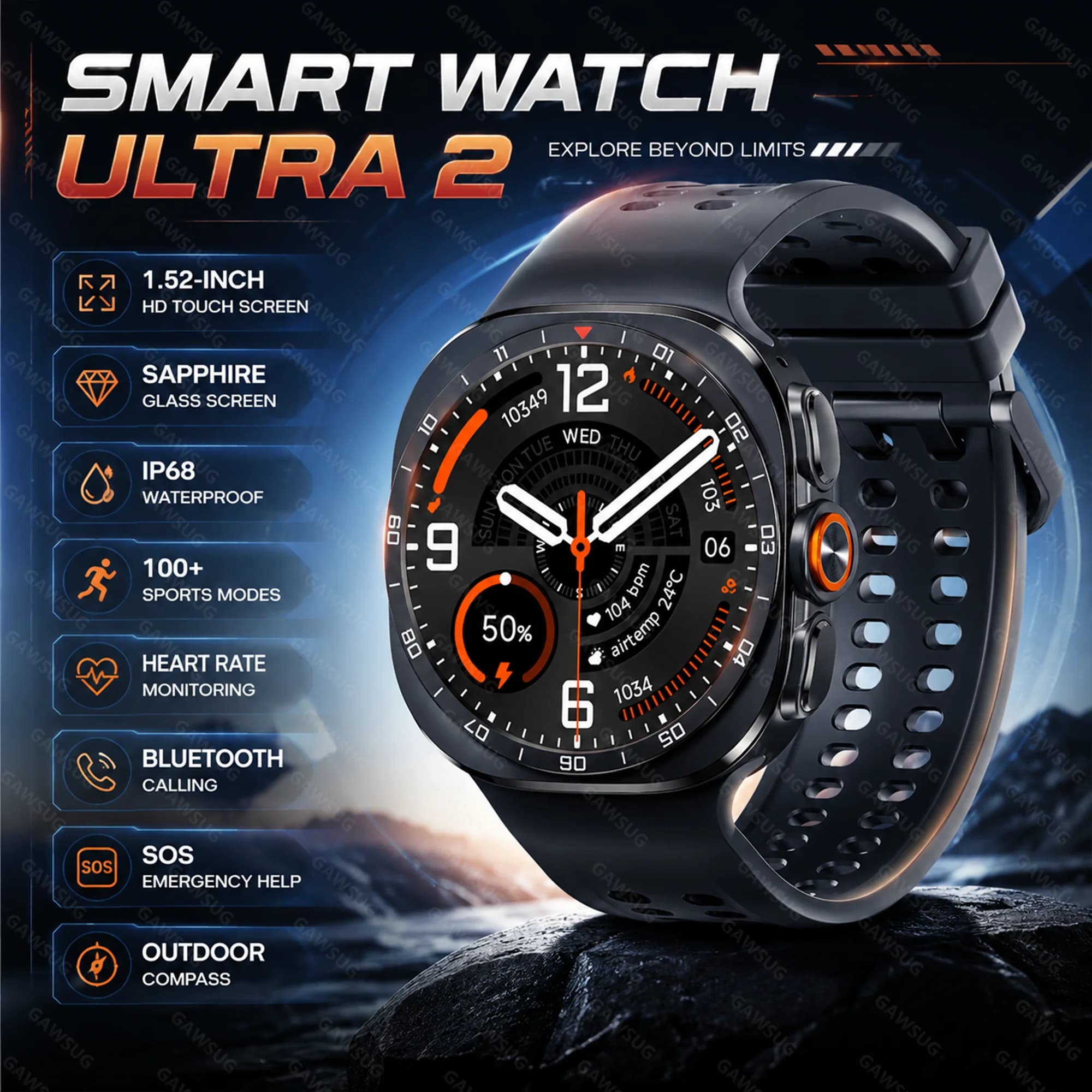 Sapphire Glass Smart Watch Men Women 1.52" Compass 400mAh Battery Bluetooth Call IP68 Waterproof Fitness Tracker Gift Android iO