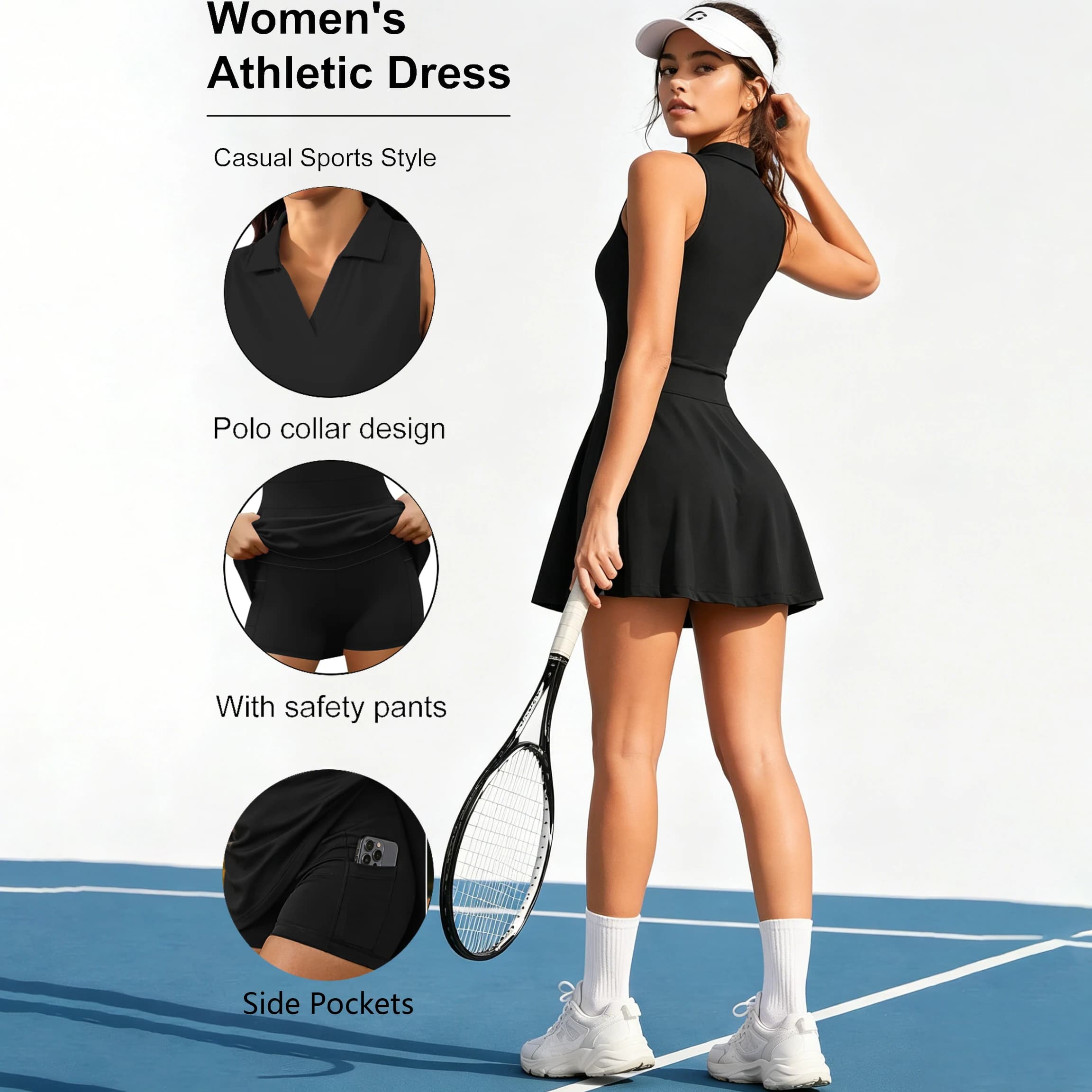 Womens Sleeveless Golf Tennis Dresses with Inner Shorts＆Pockets for Workout Exercise