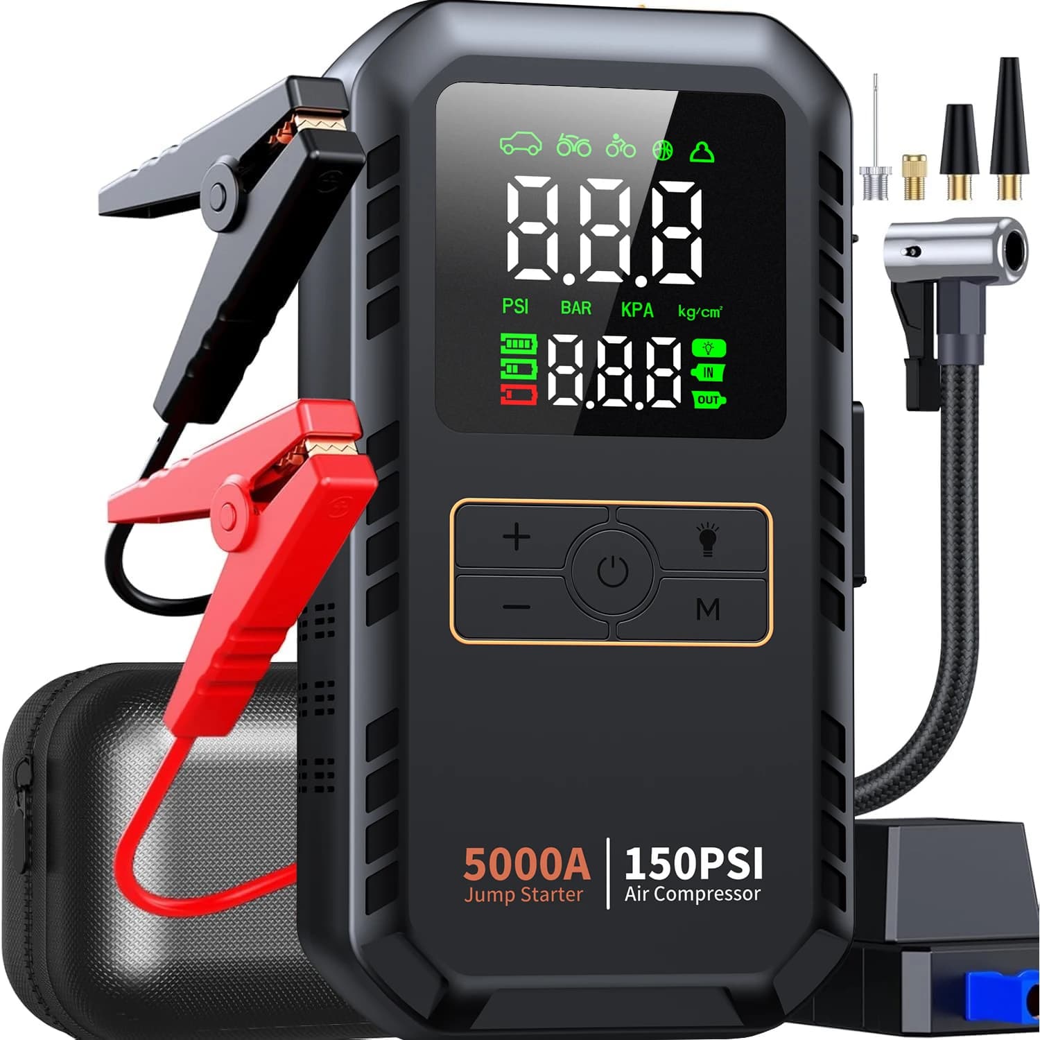 Avviatore di emergenza per auto 4 in 1 con compressore d'aria Picco 5000A Batteria automatica Booster Pompa d'aria 150PSI Gonfiatore per pneumatici portatile Power Bank