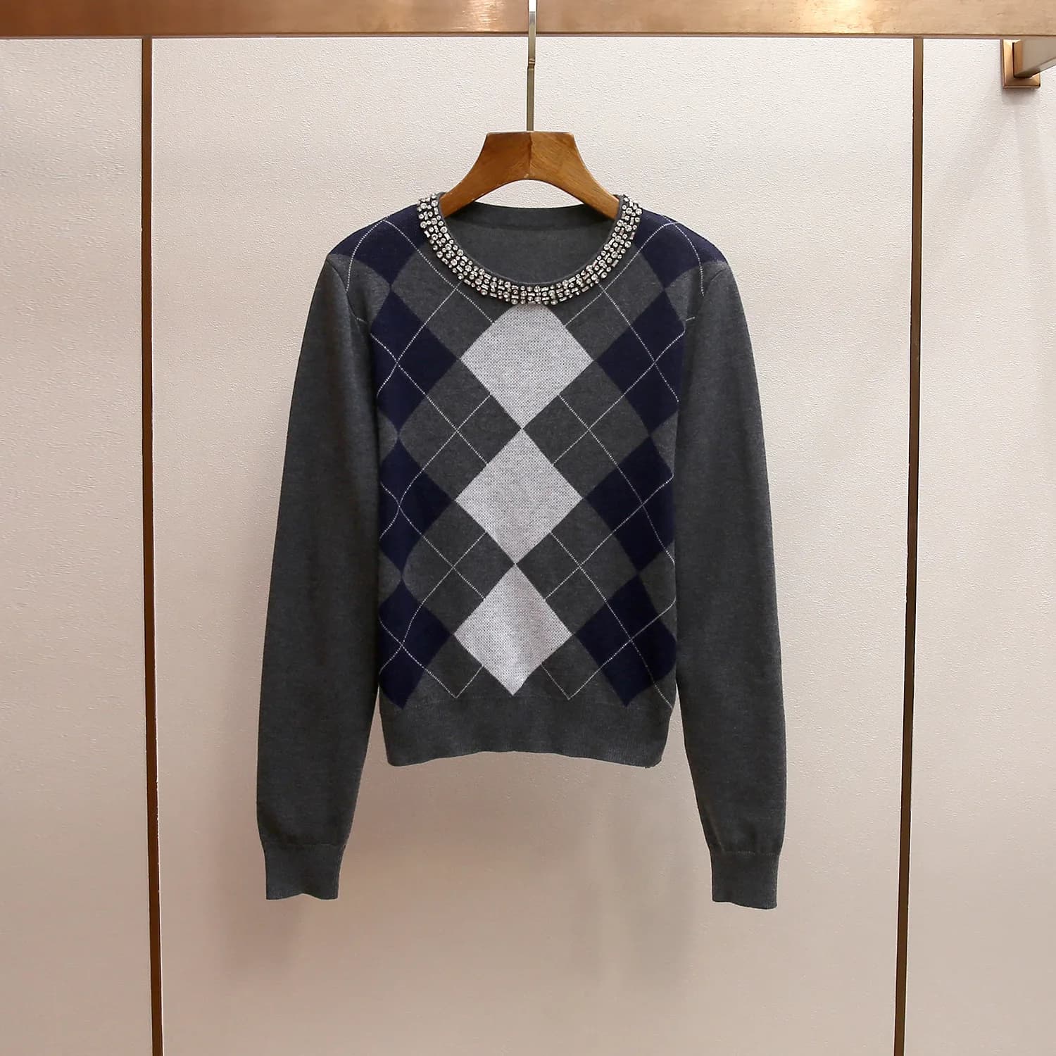 MaSandeSP Autumn Winter New Korean Style Diamond Embedded round Neck Color Block Slim Long Sleeve Slimming Needle Knitted Swe...