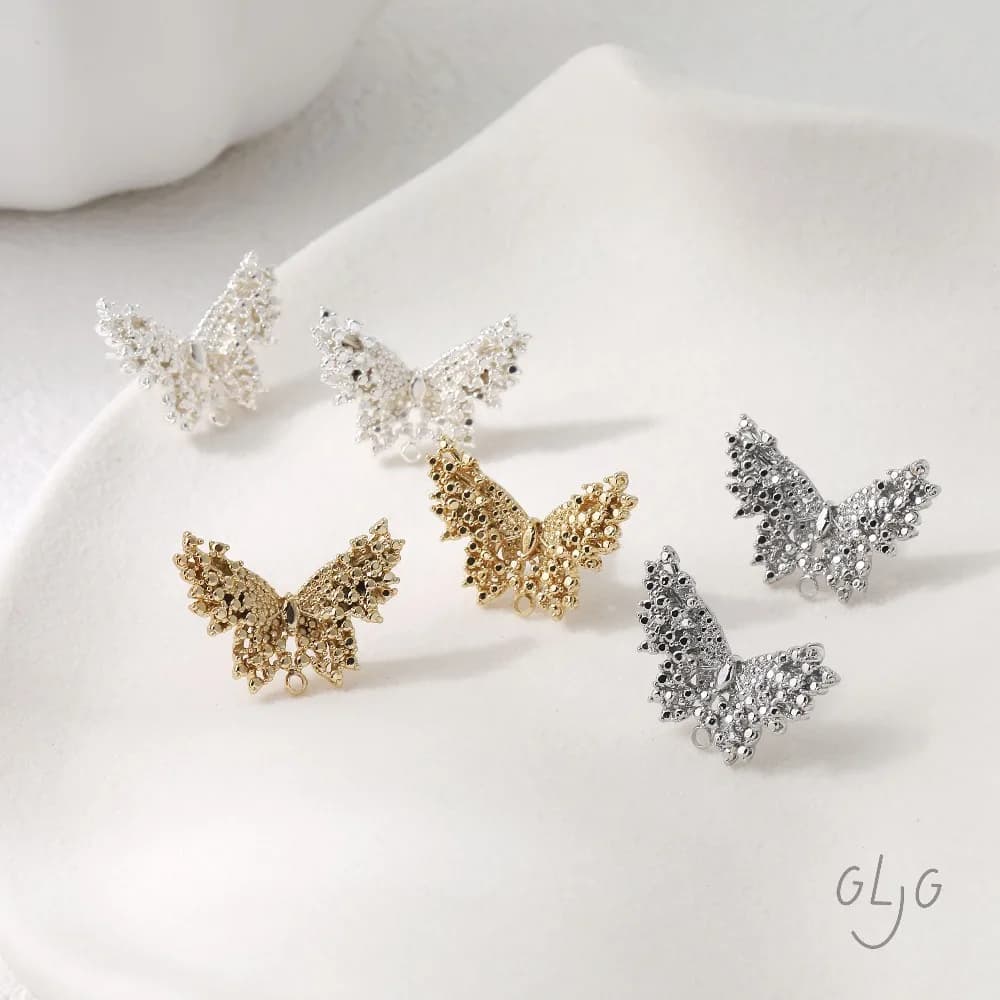 2 pcs button earrings with butterfly design, brass jewelry results, diy earrings creation, 14k 16*24mm gold plated accessories