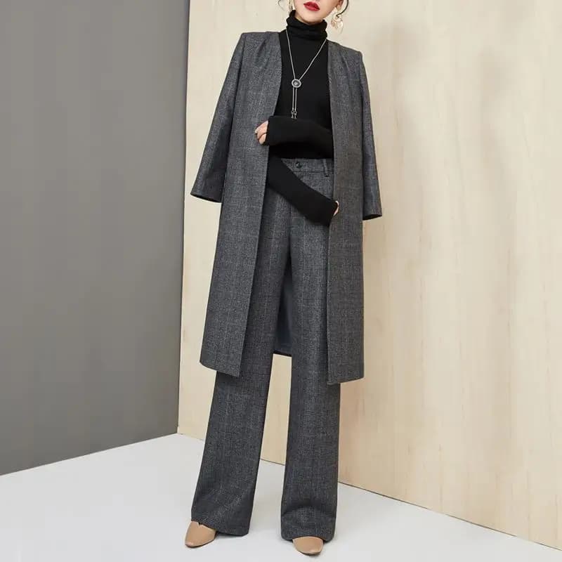 2025 Autunno Inverno Nuove Donne di Modo Semplice Basic Casual Alla Moda Elegante Allentato 2 Pezzi Set Cappotti Gamba Larga Pantaloni Dritti