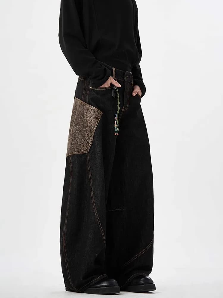 Sneaker Limit Snake Year Pattern Bow Knife Jeans Men's American High Street Patchwork Workwear Pants Embroidery Wide Leg Pants