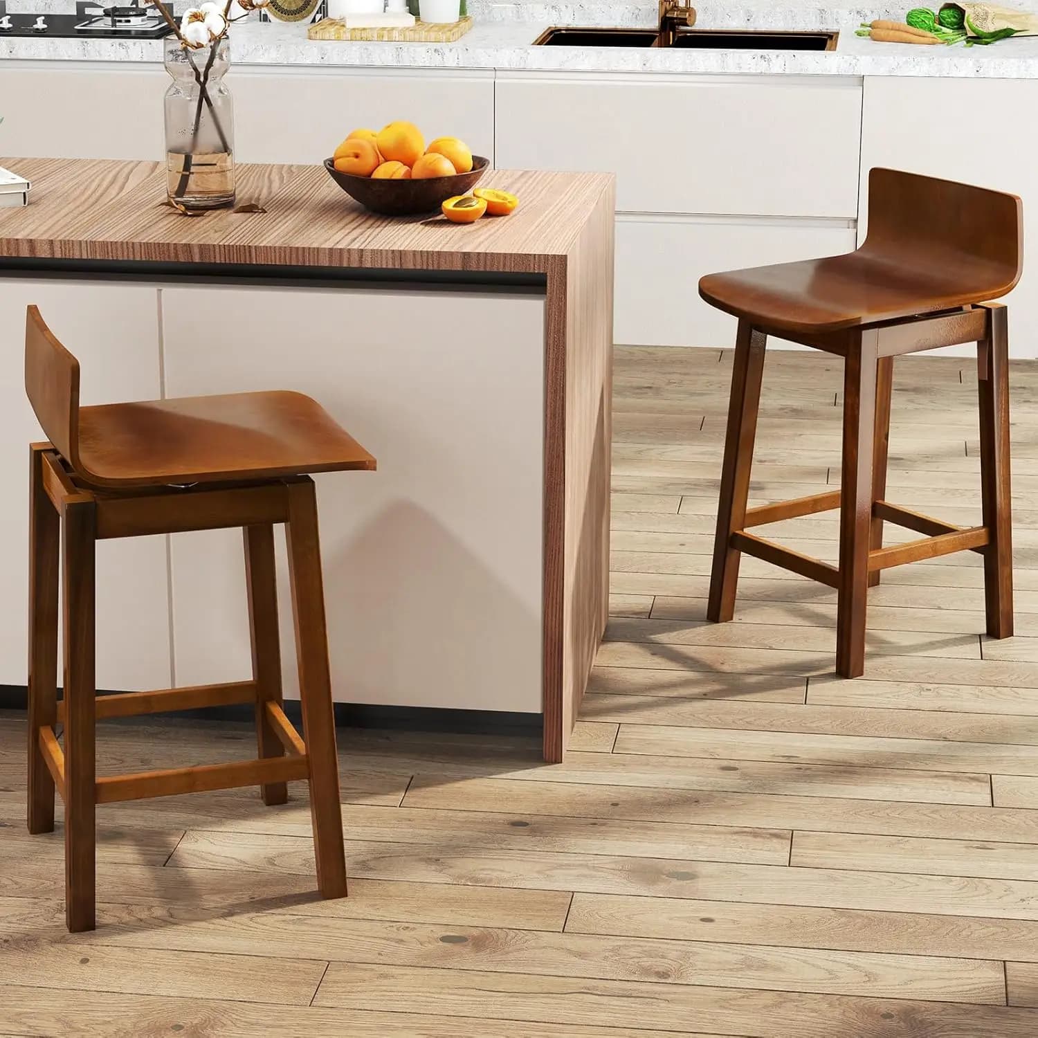 Set di 2 Sgabelli Girevoli da Bancone da 24,5 Pollici in Legno di Gomma, Sedie da Cucina/Sala da Pranzo Senza Braccioli con Schienale Basso e Poggiapiedi, Noce, Personalizzabili