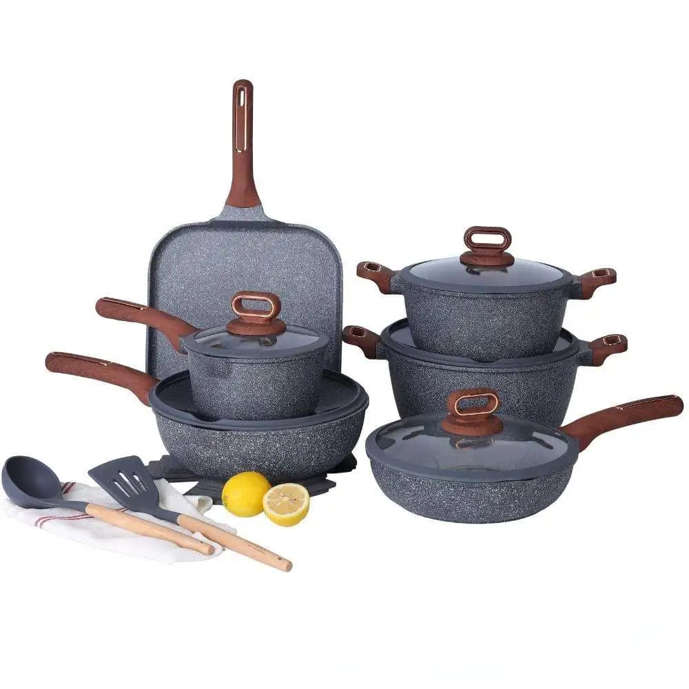 Set di Pentole in Vetro e Granito Salutare da 16 Pezzi con Fondo a Induzione, Casseruola e Padella per Uso Domestico in Cucina, in Metallo