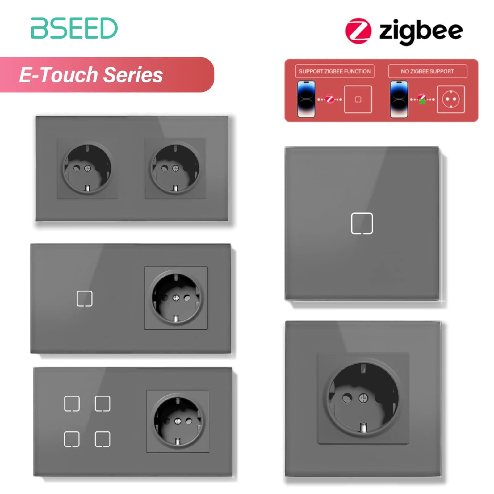 BSEED Interruttore Touch Zigbee 1/2/3/4 Gang in Vetro con Prese EU, Interruttore Intelligente da Parete con Schermo Touch Retroilluminato Serie E