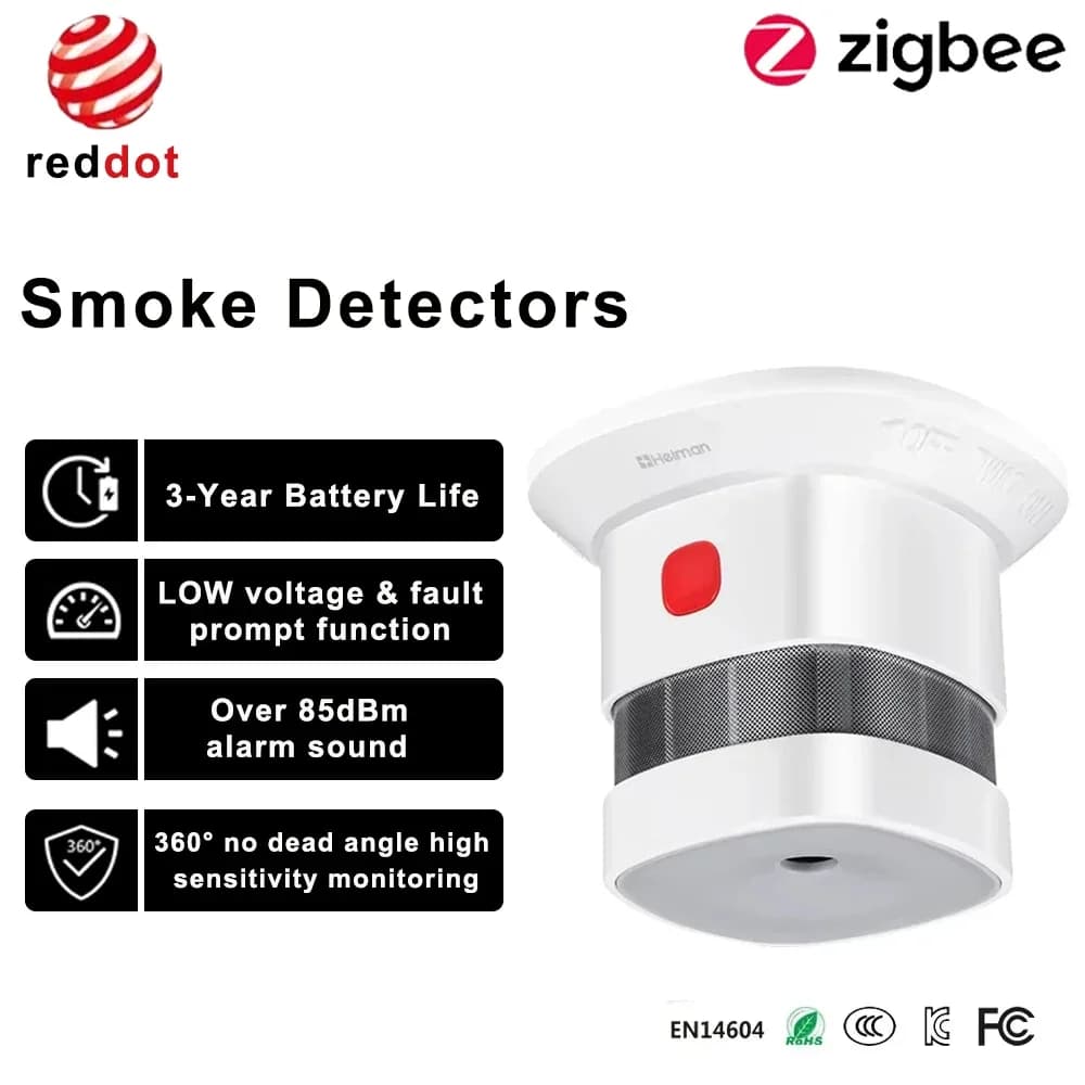 Rilevatore di fumo intelligente Tuya Zigbee con allarme sonoro da 85dB, sensore antincendio, collegamento alle scene, compatibile con Home Assistant e Zigbee2MQTT
