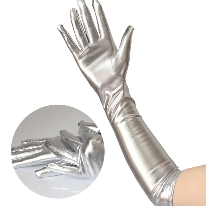 Gold Silver Wet Effect Metallic Gloves in Faux Leather Evening Gloves for Women's Party Sexy Long Elbow Length in Latex