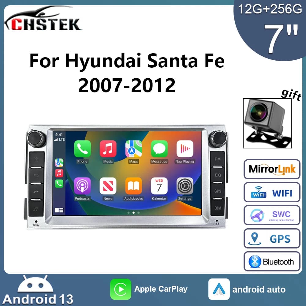 CHSTEK Autoradio Carplay Android 13 Lettore Per Hyundai Santa Fe 2007-2012 Multimedia di Navigazione WIFI Stereo Autoradio Bluetooth