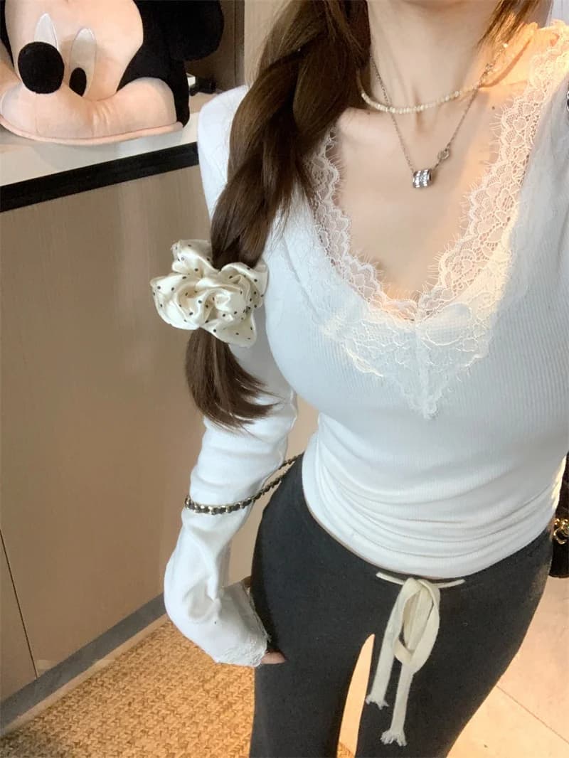White Lace Splice V-Neck Long Sleeve Knitted Shirt Women's Slim Fit Base Shirt Pure Desire Waist-Cinching Innerwear Top