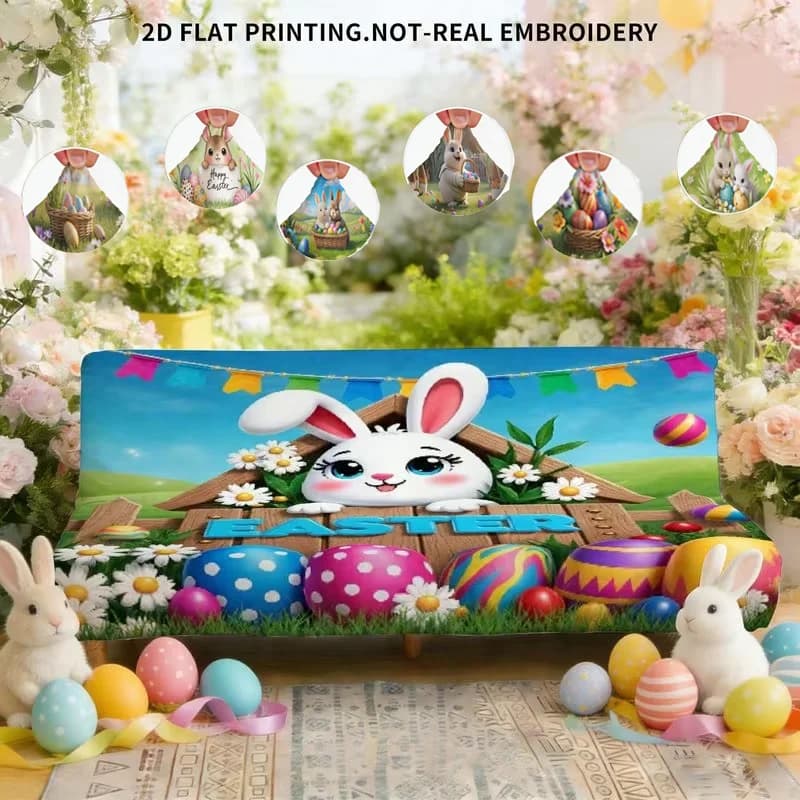 Large universal cover with flat print, cute rabbit with colorful Easter egg pattern