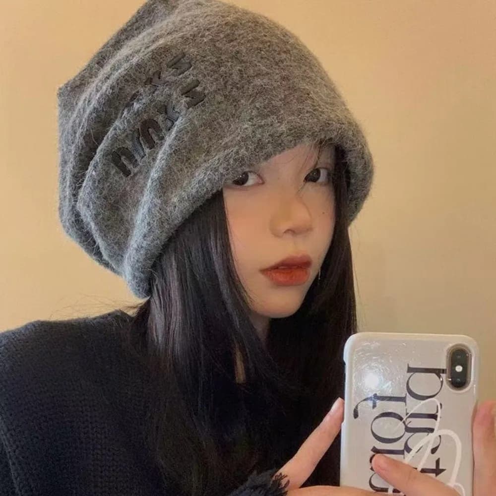 Versatile Slouchy Beanie Hat Big Size Soft Warm Knit Cap Letter Face Slimming Cold Hat For Daily Wear