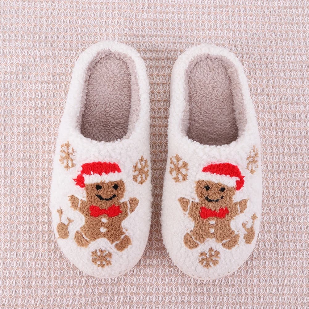 Pantofole natalizie da uomo in pan di zenzero Pantofole pelose con fiocchi di neve Comode pantofole da uomo in pan di zenzero carine antiscivolo per uomo donna