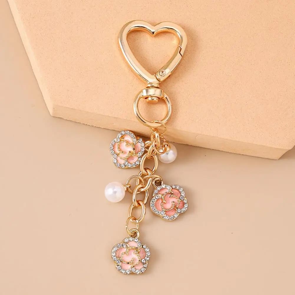 Portachiavi con Perle Finte, Ciondolo a Fiore con Strass e Perle Imitazione, Charm in Lega di Zinco, Anello Portachiavi Decorativo per Zaino