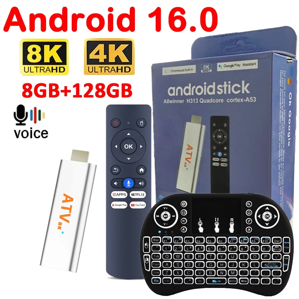 Smart TV Stick Android 16 Q15 8GB 128GB HDR10 4G 5G Dual Wifi con Telecomando Vocale HD 4K 8K Netflix YouTube Lettore Multimediale Veloce H313 TV Box