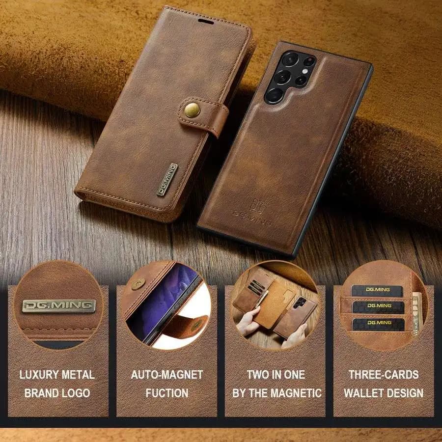 Removable Leather Magnetic Wallet Case for Samsung Galaxy S20 FE S21 Plus S22 S23 S24 Ultra S25 Edge S26 with Removable Flip Cover