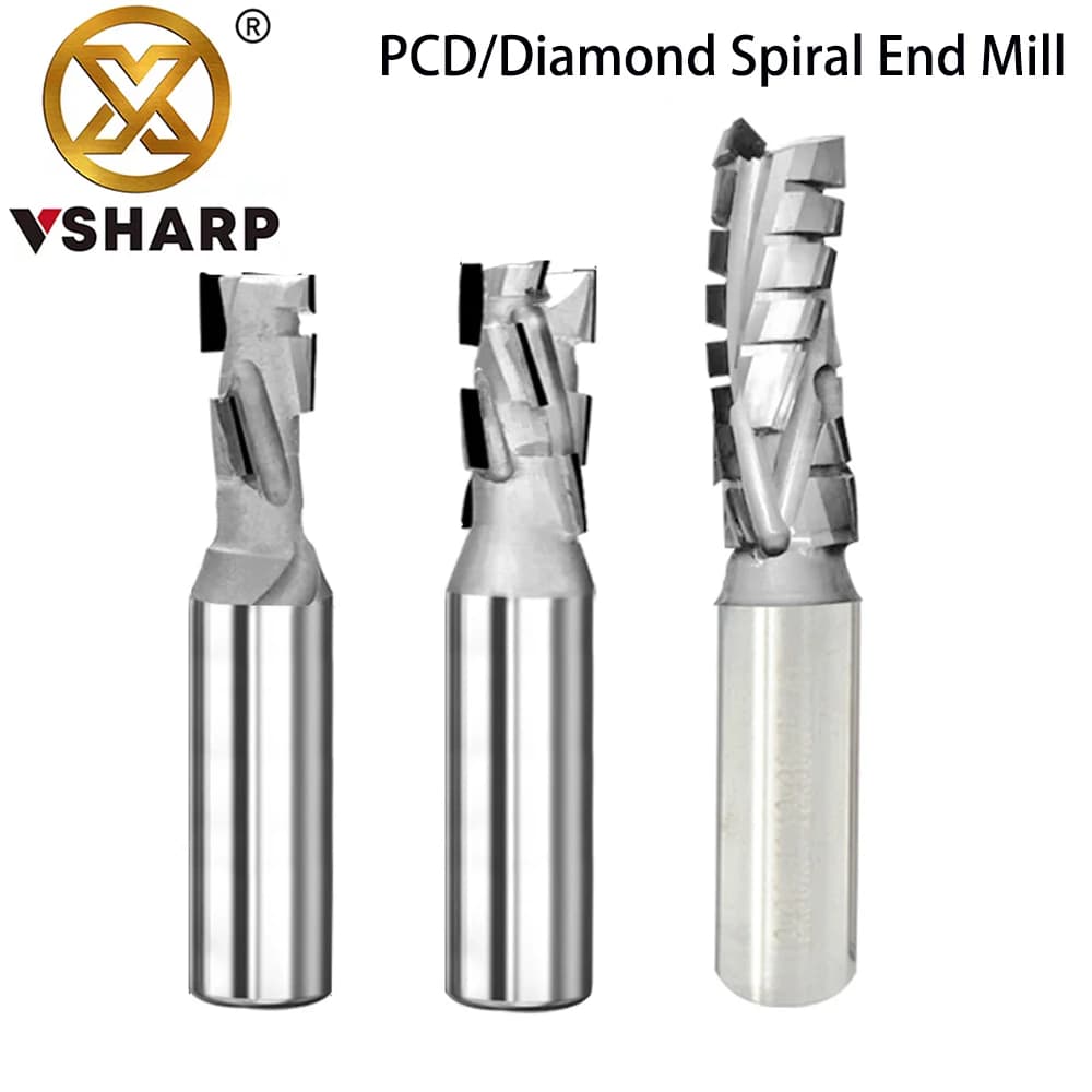 Vsharp Fresa a spirale diamantata PCD Fresa per mais Incisione Scanalatura Strumento CNC per scheda in silicone Anti-morso MDF Legno massello