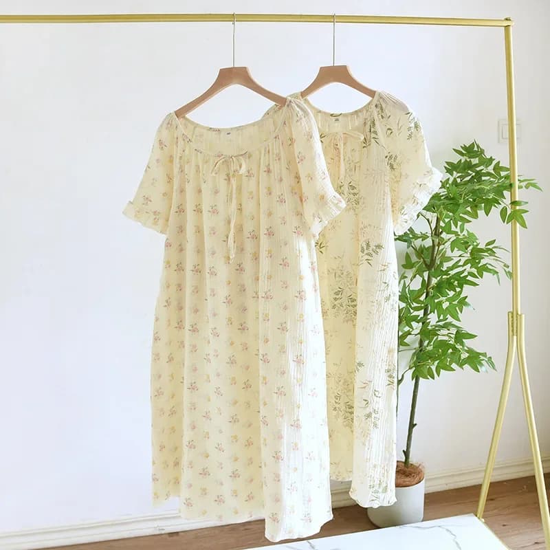 Cotton Medium Length Short Sleeved Pajama Dress with Floral Printed Cute Sweet Homewear Dresses for Nightwear Women Clothes