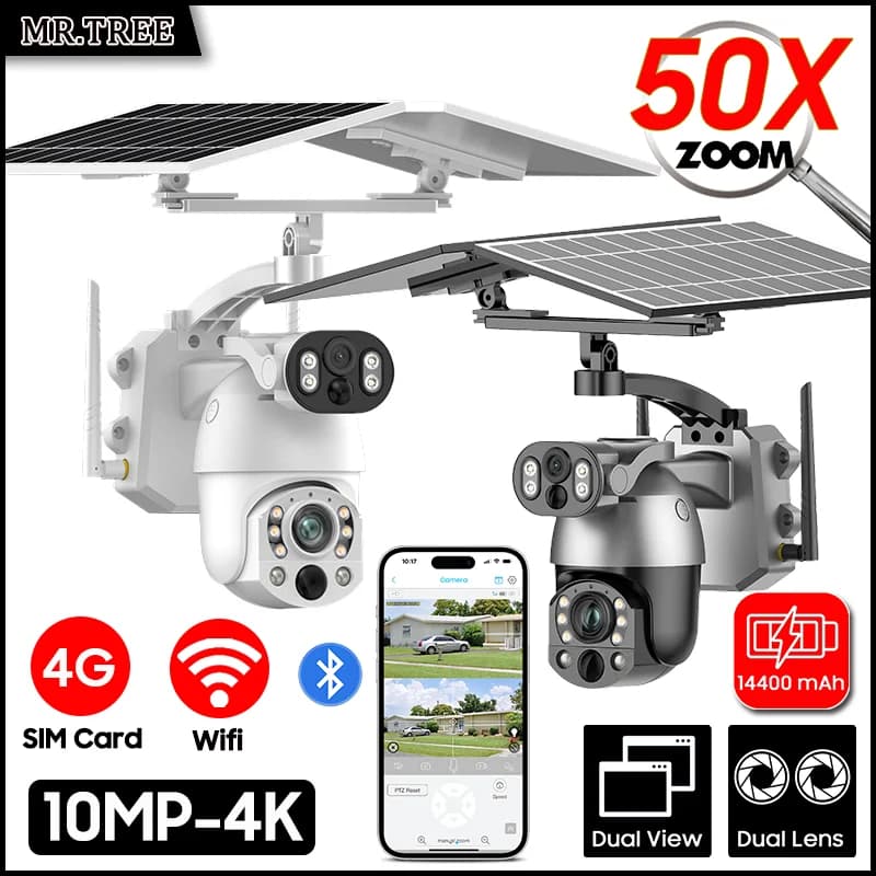 4K 50X Zoom ottico Doppia lente Telecamera solare 10MP 4G Sim Card PTZ Sorveglianza WIFI Sicurezza esterna Tracciamento umanoide CCTV IP Cam