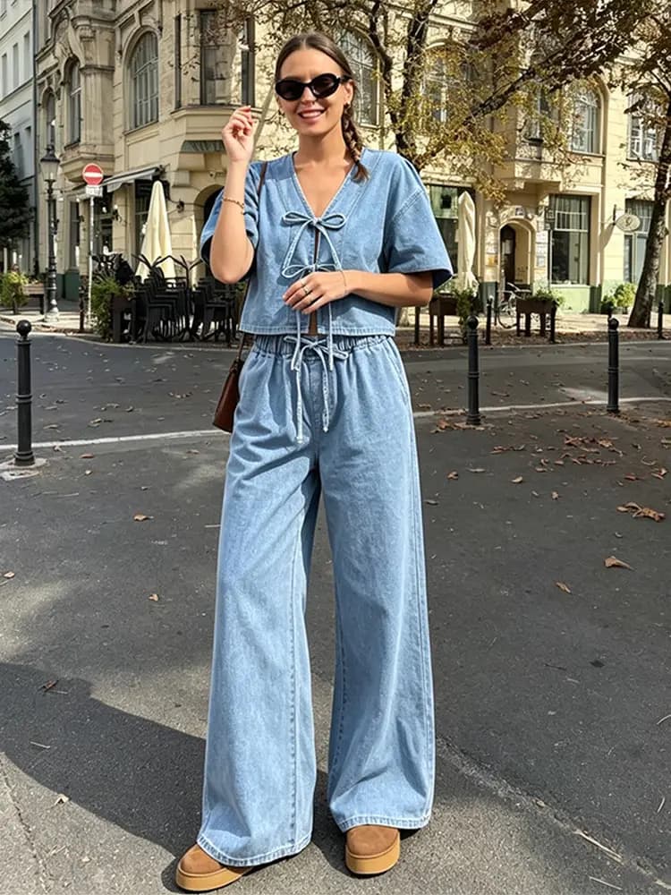 Casual Short Sleeve V Neck Lace Up Shirts High Waist Wide Leg Jeans Fashion Denim Long Pants Set for Women 2026 New Lady Outfits