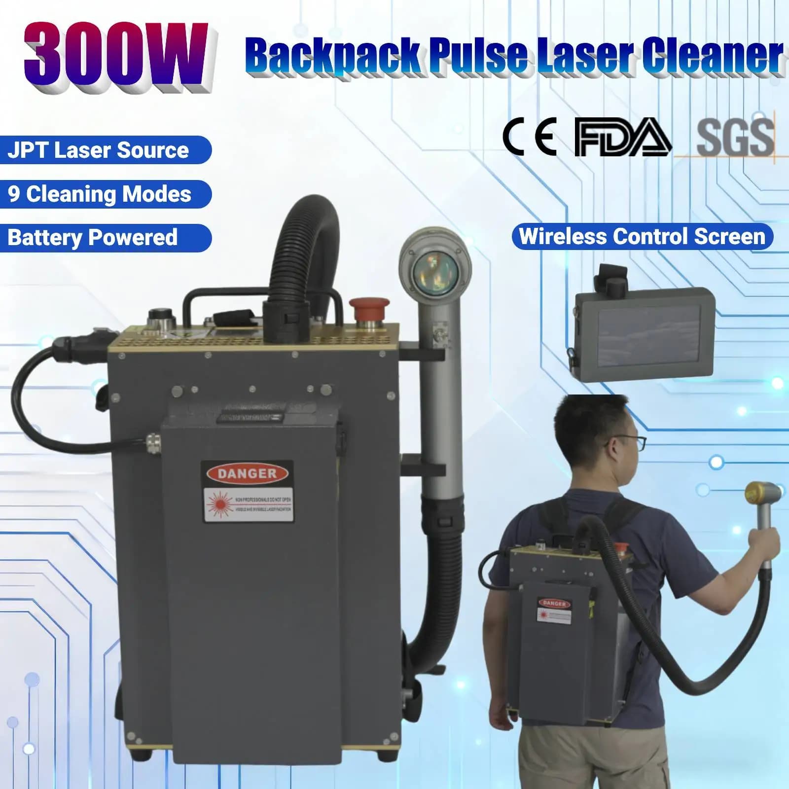 300W JPT Backpack Pulse Fiber Laser Cleaning Machine AC 220V/Battery Powered Laser Cleaner for Metal Oil Paint Rust Removal