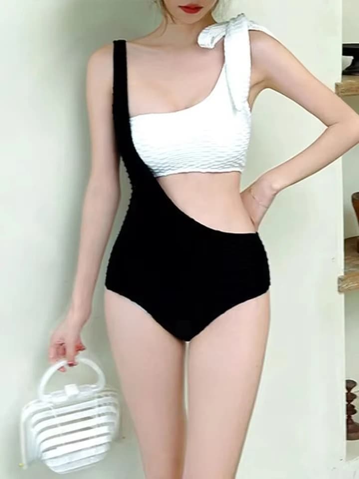 Vzvn Sexy Contrast Color Hollow Out One Piece Swimsuit Women Beach Vacation Bikinis 2026 New All Season Tight One Piece Swimsuit