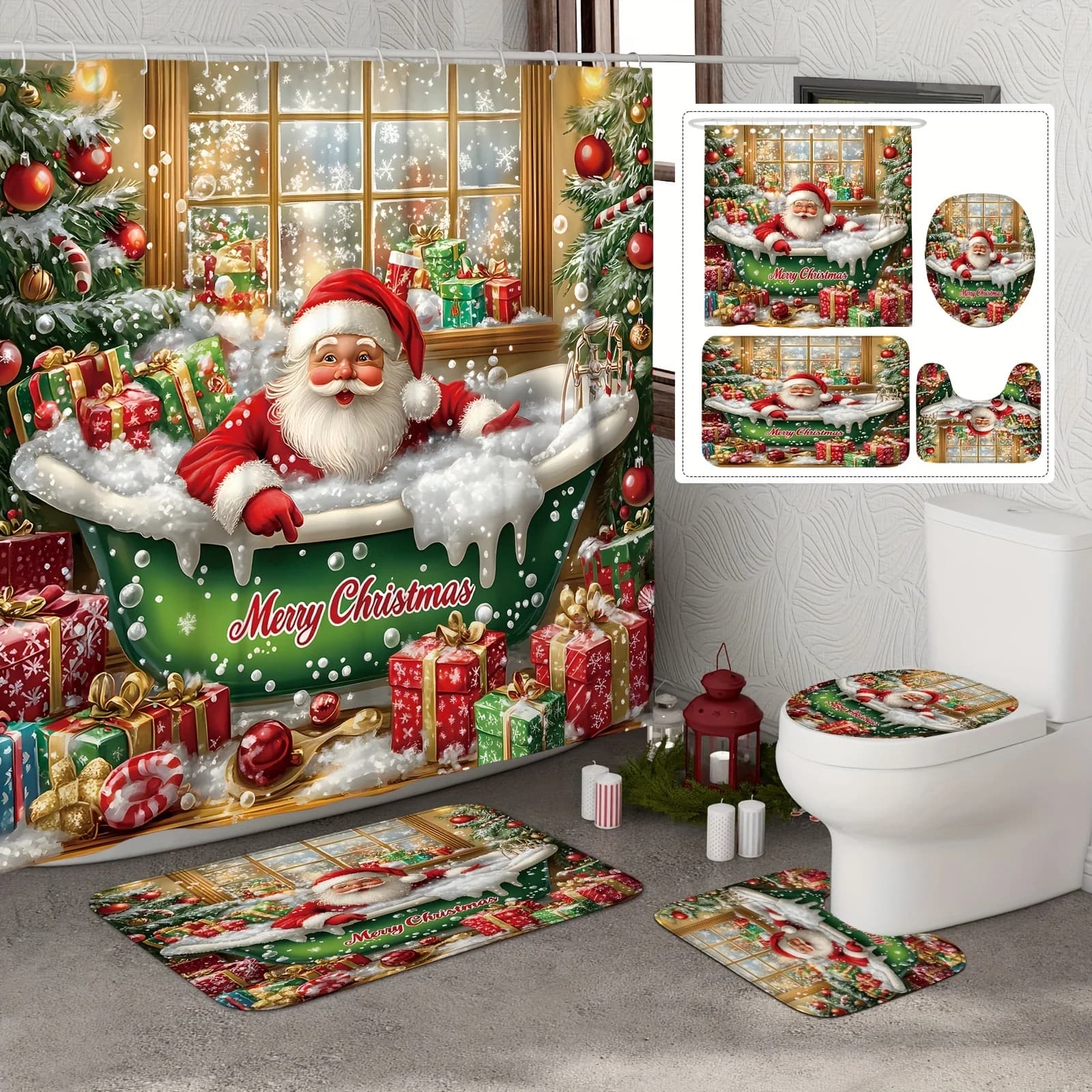 Set di tende da doccia natalizie con fiocchi di neve per vasca da bagno con tappetino antiscivolo e copriwater, divertente arredamento natalizio in poliestere rosso verde