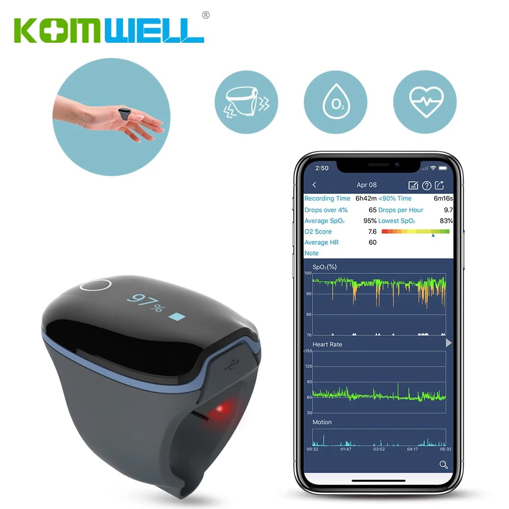 Pulsossimeter saturation of oxygen cardiofrequencymeter for Apnea night fitness with vibration alarm APP report PC Wellue O2Ring