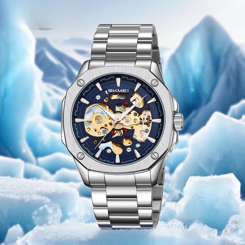 Elegante orologio scheletrato automatico da uomo con bracciale in acciaio inossidabile per affari e stile