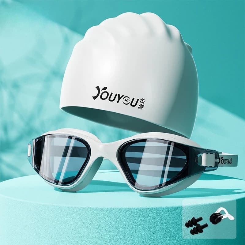 HD Anti-Fog Waterproof Swimming Goggles Set with Swim Cap, Professional Diving Gear for Men Women