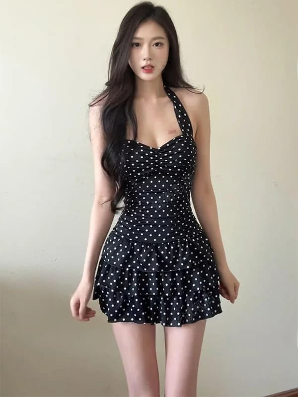 Abito Nero a Pois con Halter da Donna, Nuovo Stile Estivo per Vacanze al Mare, Gonna Corta a Trapezio, Stile Francese, Vita Alta, in Fibra di Poliestere