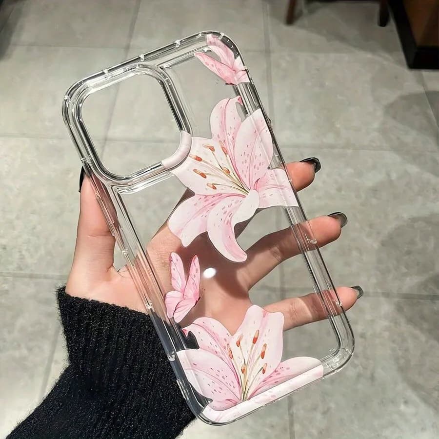 Transparent TPU anti-fall phone case with airbag and pattern Pink Lily Flower, compatible with iPhone 17 Air Pro Max 16 15 14 13 12 11 XS Xr X 7 8 12/13 Mini Plus Pro Max Se Series, perfect gift