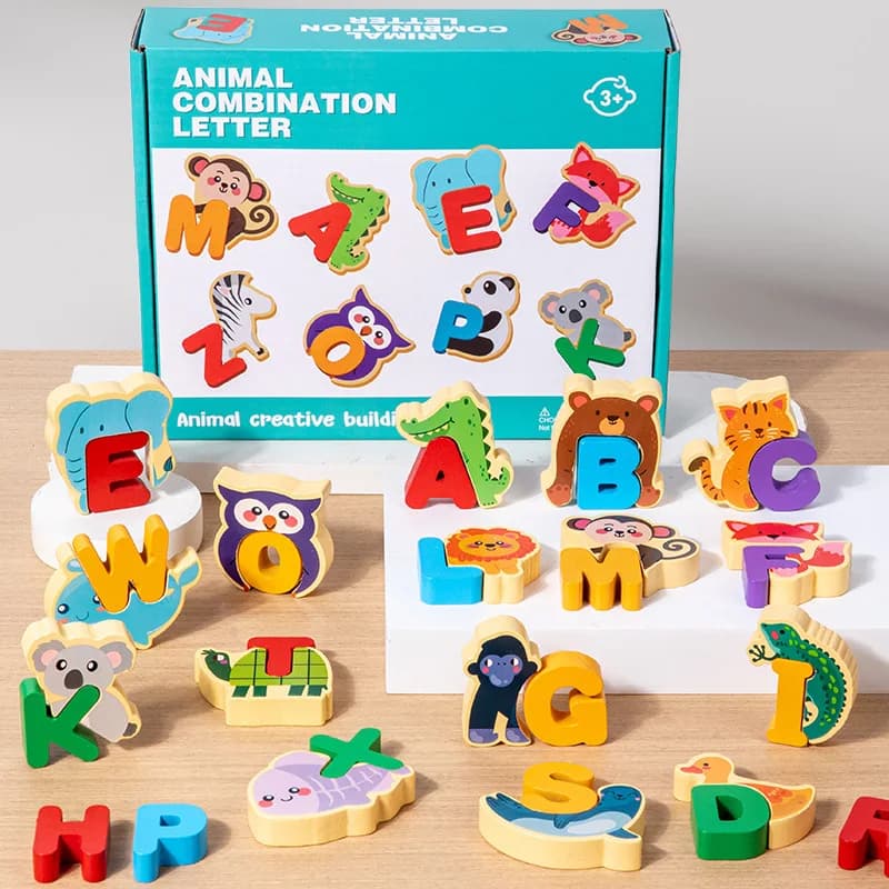 26 Letters Animal Pairing Wooden Puzzle Blocks Kids Educational Early Learning Montessori Toys for Preschool Toddler Development
