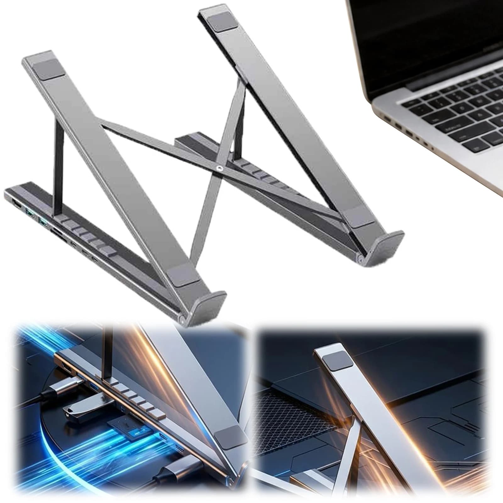 Supporto per Laptop 8-in-1 USB-C con Docking Station in Lega di Alluminio Pieghevole e Sollevabile, Compatibile HDMI 4K, 2 USB 3.0, PD 100W