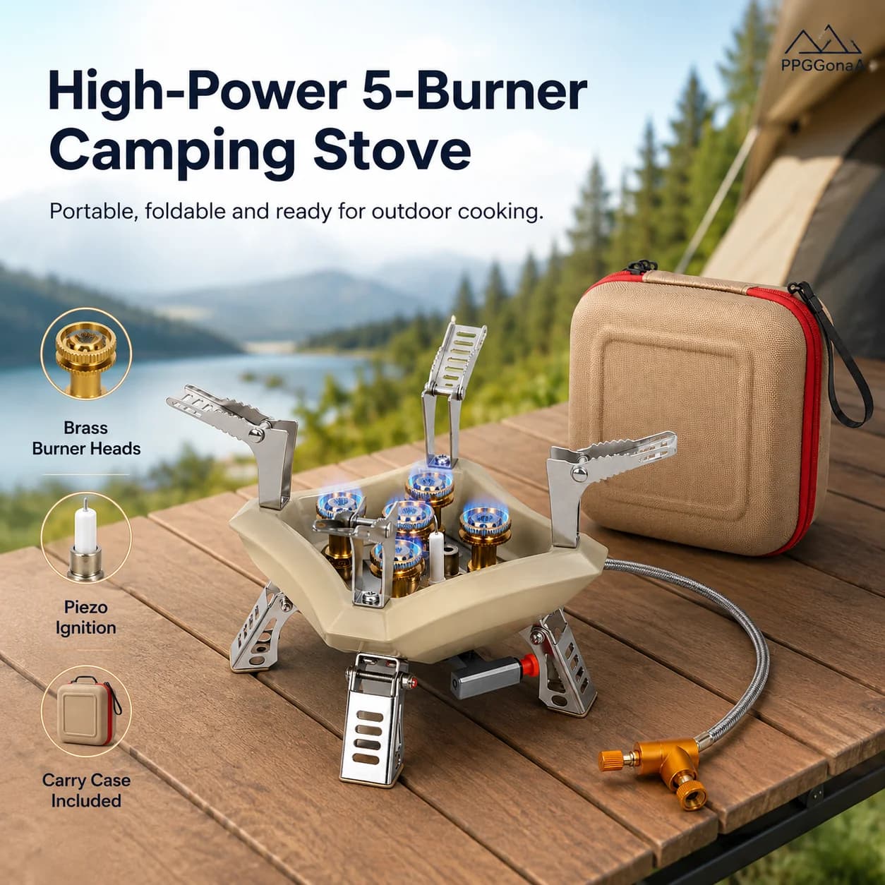 Portable 5-Burner Camping Gas Stove with Brass Burners, Foldable Pot Supports, Piezo Ignition, Braided Hose & Carry Case