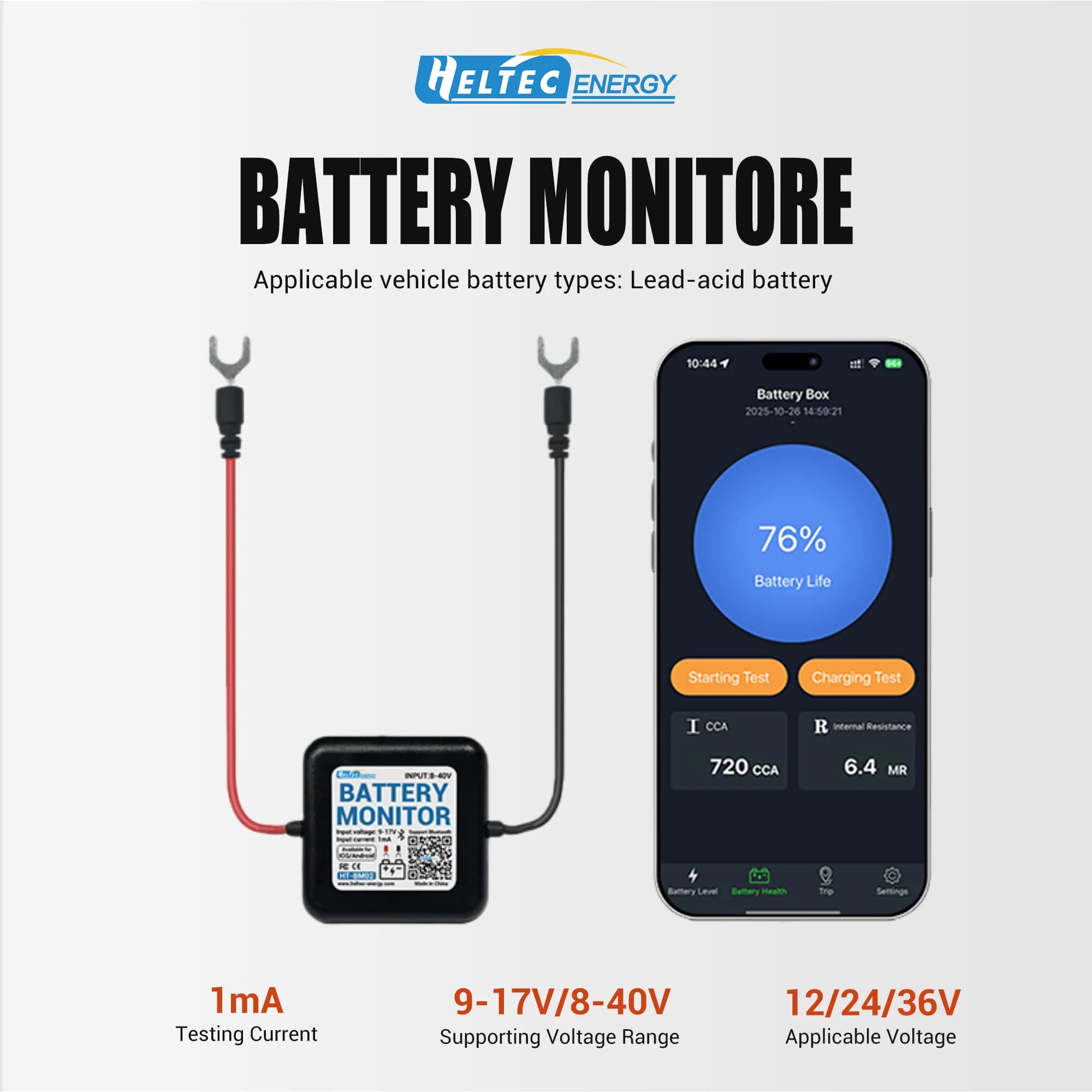 Monitor Batteria Wireless 12/24/32V Tester Batteria 12V SOC Analizzatore Stato Batteria Strumenti per Batteria con Bluetooth per Android iOS