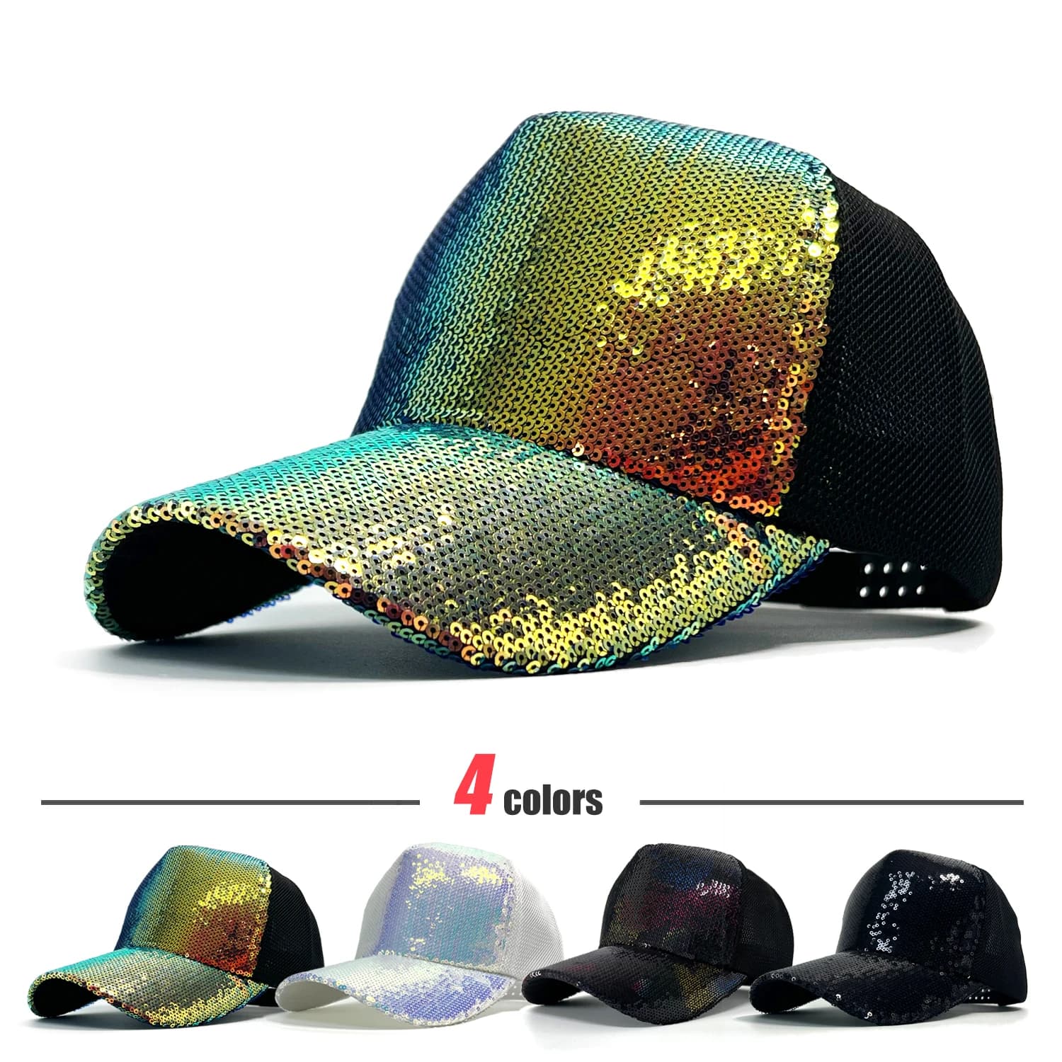 Berretto da baseball regolabile unisex di nuova moda con paillettes lucide Paillettes arcobaleno Classico uomo donna Cappello da camionista sportivo casual all'aperto